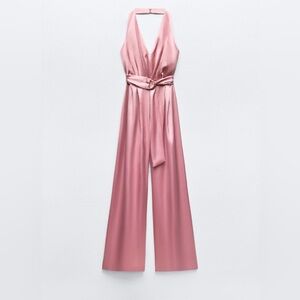 NWT Zara Pink Satin Effect Jumpsuit with Belt size L